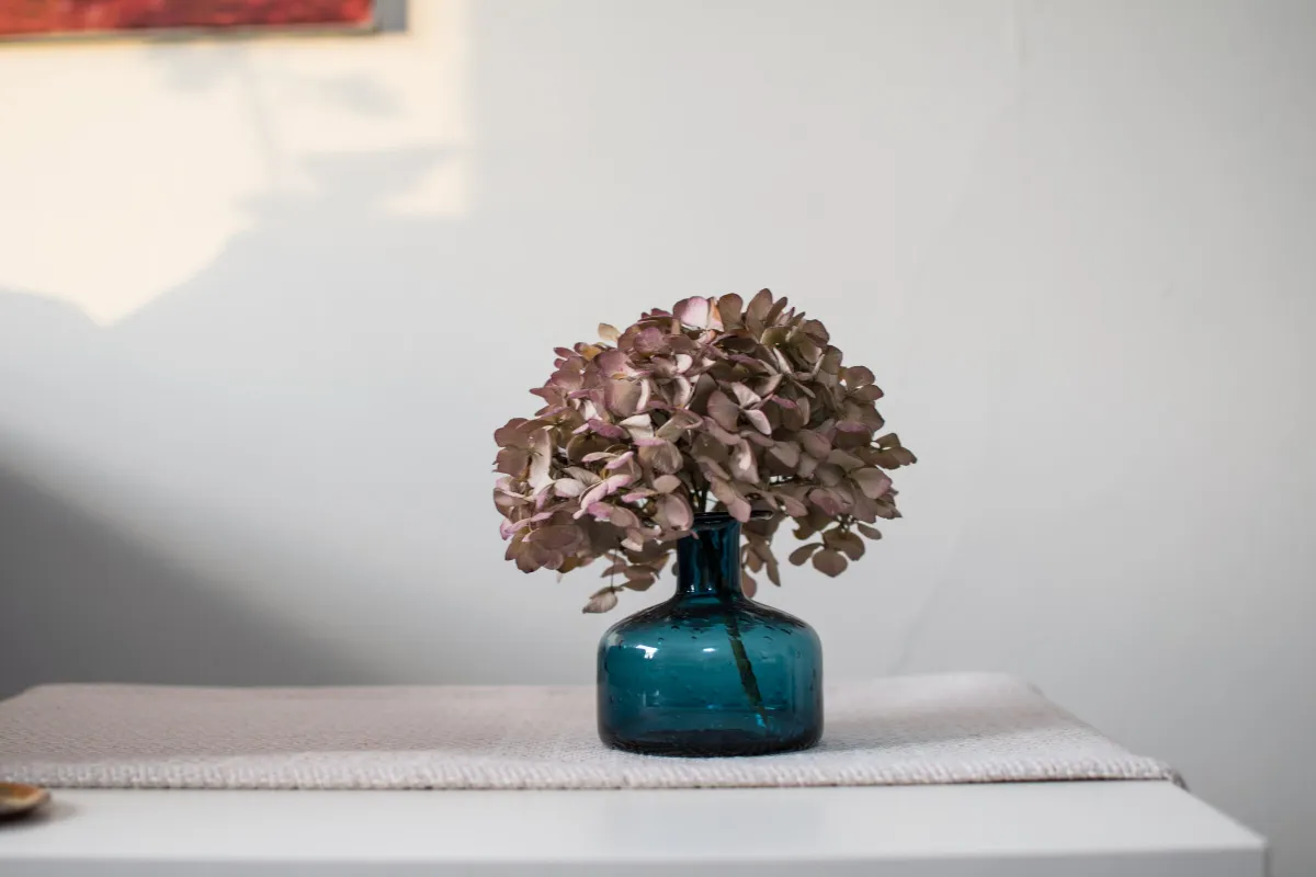 Detail aus der Praxis: Glasvase mit getrockneter Hortensie
